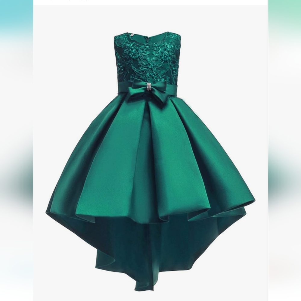 IWEMEK Little Big Girls Hi Low Lace Embroidery Flower, Elegant Green Kids Dress